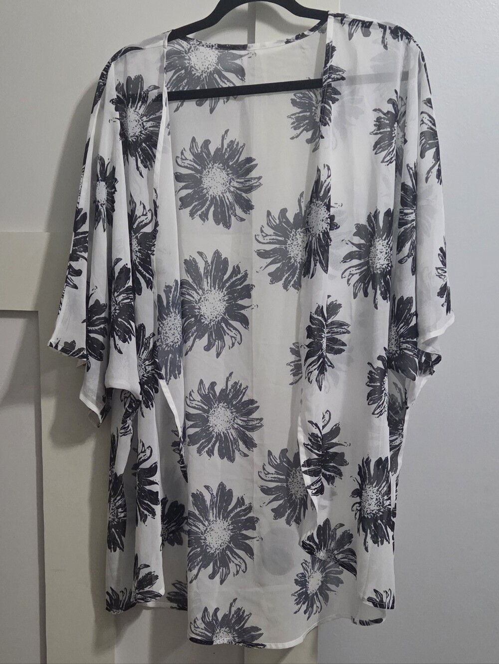 Sheer Floral Kimono Cover-Up in White and Charcoal Sunflower Print